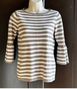 Benedetta B Wool Cashmere Sweater Striped Bell Sleeves Taupe Cream Women's Med
